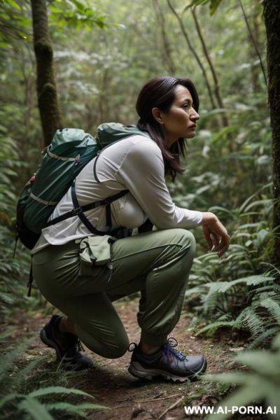 Hiker crouching in underbrush, outdoor-clothes, pants, side-view - ai-porn.ai on pornintellect.com