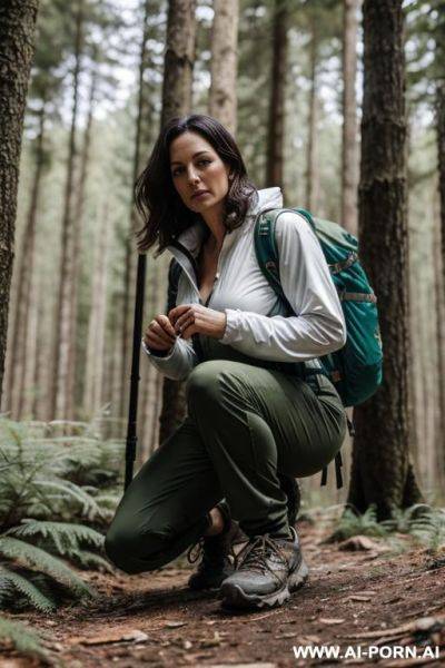 Hiker crouching in forest, pants, outdoor-clothes - ai-porn.ai on pornintellect.com