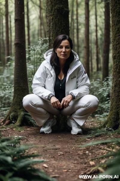 Crouching in forest, outdoor clothes - ai-porn.ai on pornintellect.com