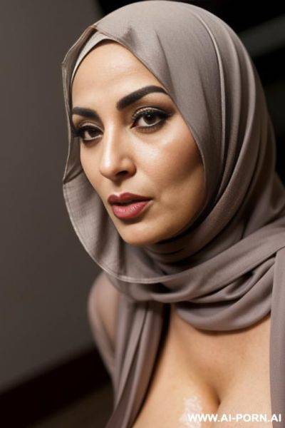 Pretty mature arab woman, wearing nog but a hijab, looking annoyed, smutty, whore, saggy, cum on face, cinematic lighting, horny, seductive, hijabi, orgy, gangbang, groupsex, blowjob, blowbang, porn - ai-porn.ai on pornintellect.com