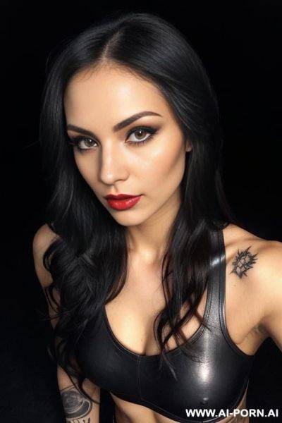 (long wavy hair) (brunette hair) (makeup) (smokey eyes) (red lips) (ideal facial ratios) (see-through top) (emo) (athletic body) (large tattoo) (natural boobs) (erotic) (aroused) (flirty) (dominant) - ai-porn.ai on pornintellect.com