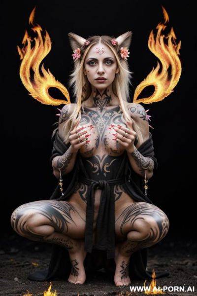 Extremely tall supermodel cutie, slender, skiny, completely naked, super long legs, ((very long hair)), goddess of fire, ((whole body covered in fire)), he’ll, epic, fantasy wings, unusual skin - ai-porn.ai on pornintellect.com