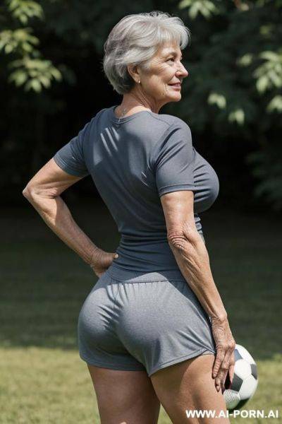 Back view, 0 year old grandmother, full body, standing, short gray hair, lady, clearly visible age marks, triangular hips, thick thighs, wearing a blue soccer t-shirt, black shorts, playing football with other grandmothers outdoors - ai-porn.ai on pornintellect.com