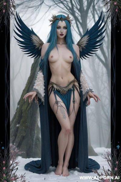 Extremely tall supermodel cutie, slender, skiny, completely naked, super long legs, very long hair, fantasy wings, unusual skin texture, fantasy skin, snowflakes, winter, christmas, ((snowflakes hair clip)), (((playful mischievous sacred cutie))) - ai-porn.ai on pornintellect.com