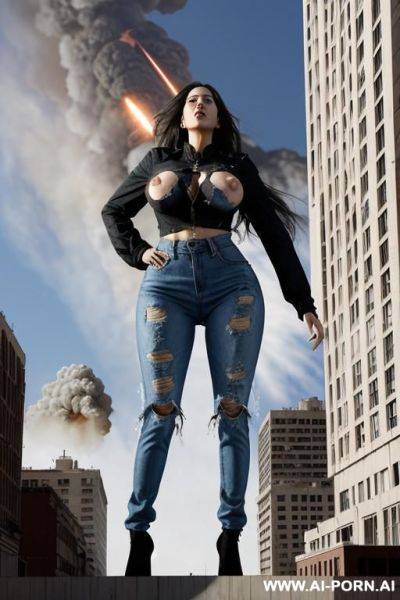Giantess as tall as the sky. giantess exploding out of a building. full body view. extremely tall growing giantess bursting through her ripped to shreds shrunken clothes that are too tight. clothes are in tatters and are exploding off her into bits - ai-porn.ai on pornintellect.com