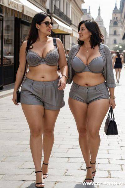 Chubby mother and her woman walking in the square wearing gray shorts and bra - ai-porn.ai on pornintellect.com