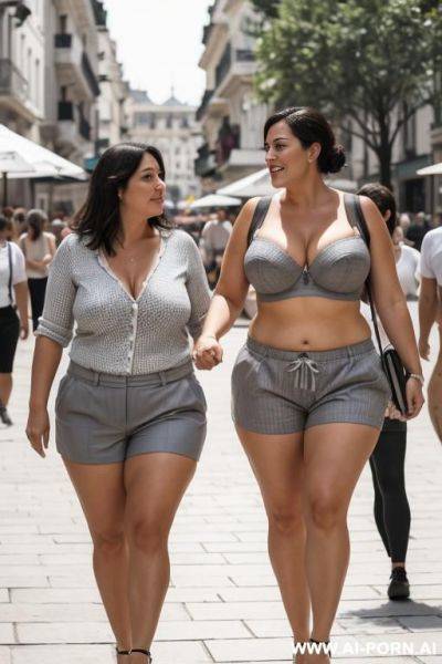 Chubby mother and woman walking in the square wearing gray shorts and bra - ai-porn.ai on pornintellect.com