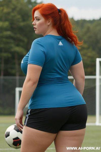 Back view, chubby woman, full body, standing, redhead, triangular hips, thick thighs, wearing a blue soccer t-shirt, black shorts, playing football with other chubby woman outdoors - ai-porn.ai on pornintellect.com