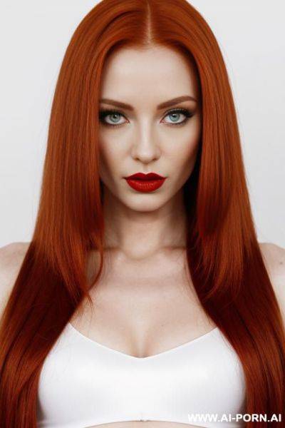 (long straight hair) (ginger hair) (makeup) (red lips) (ideal facial ratios) (see-through top) ((emo)) (athletic body) (large tattoo) (natural boobs) (erotic) (aroused) (flirty) (dominant) (bdms) (look into camera) (deep of field) (white background) - ai-porn.ai on pornintellect.com