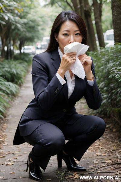 Squatting in underbrush business clothes, pants, trash, holding tissues - ai-porn.ai on pornintellect.com
