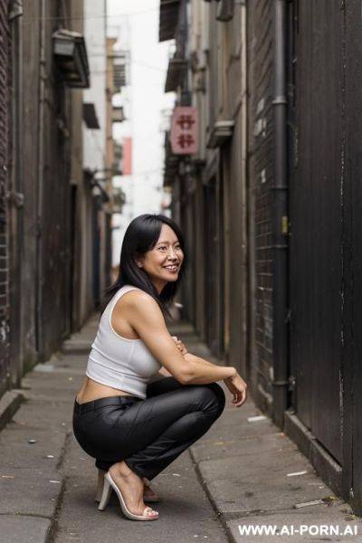 Squatting in tra alley, smiling, normal-clothes, pants, side-view - ai-porn.ai on pornintellect.com