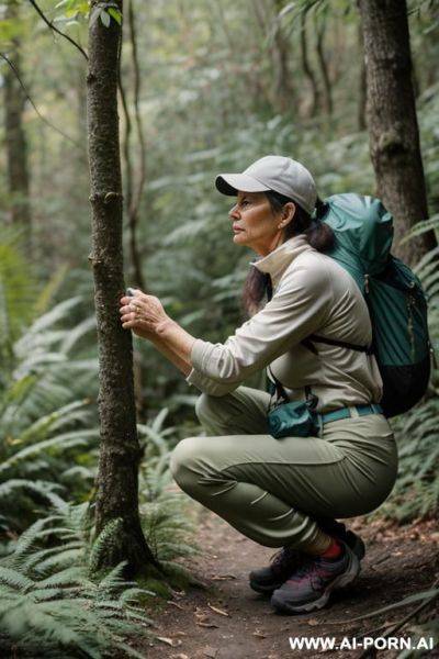 Hiker squatting in underbrush, outdoor-clothes, pants, side-view - ai-porn.ai on pornintellect.com