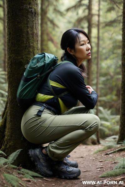 Hiker crouching in forest, pants, outdoor-clothes, side-view - ai-porn.ai on pornintellect.com