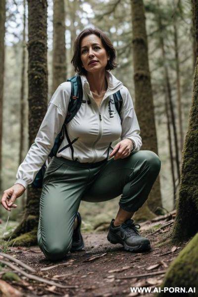 Hiker crouching in forest, pants, outdoor-clothes - ai-porn.ai on pornintellect.com