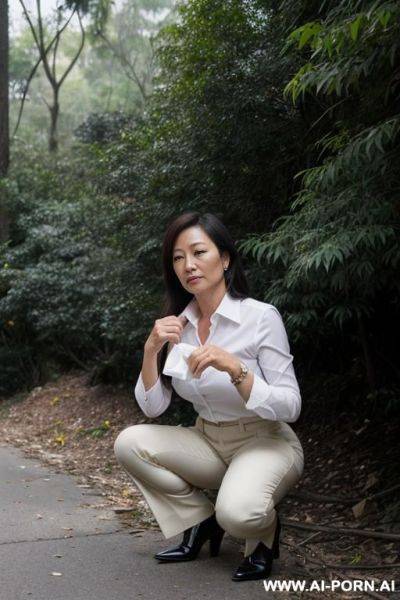 Squatting in underbrush business clothes, pants, trash tissues - ai-porn.ai on pornintellect.com