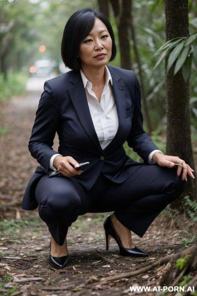 Squatting in underbrush business clothes, pants, trash, - ai-porn.ai on pornintellect.com