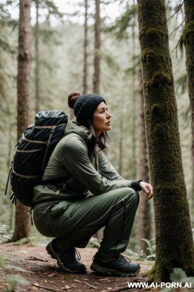 Hiker crouching in forest, outdoor-clothes, pants, side-view - ai-porn.ai on pornintellect.com