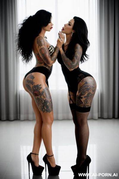 Two milfs passionately kissing, perfect body, tall, high heels, tattoos - ai-porn.ai on pornintellect.com
