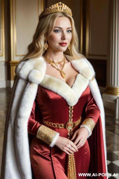 Ultra realistic, pretty british, milf women, red silk robe with golden stars, satin dress, silk, blond, attractive eyes and full lips, thick curvy body, long hair, flowing hair, sexy arms, wide - ai-porn.ai - Britain on pornintellect.com