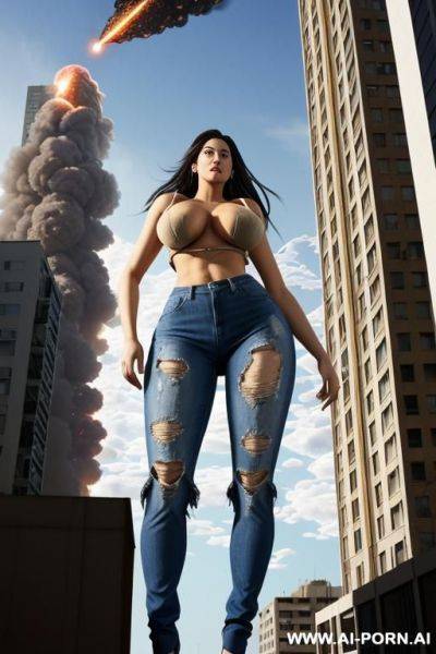 Giantess as tall as the sky. giantess exploding out of a building. full body view. extremely tall growing giantess bursting through her ripped to shreds shrunken clothes that are too tight. clothes are almost gone completely. - ai-porn.ai on pornintellect.com