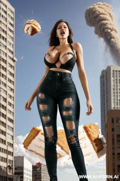 Eating cake. cake in her mouth. cake face. giantess as tall as the sky. giantess exploding out of a building. full body view. extremely tall growing giantess bursting through her ripped to - ai-porn.ai on pornintellect.com