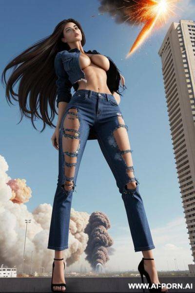 Giantess as tall as the sky. giantess exploding out of a building. full body view. extremely tall growing giantess bursting through her ripped to shreds shrunken clothes that are too tight. - ai-porn.ai on pornintellect.com