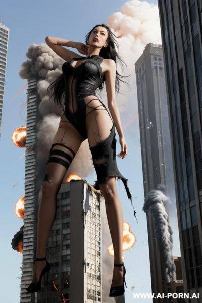 Giantess as tall as the sky. giantess exploding out of a building. full body view. extremely slender tall growing giantess bursting through her ripped to shreds shrunken clothes that are too - ai-porn.ai on pornintellect.com