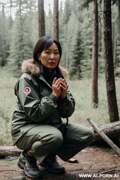 Squatting in wilderness, hands on knees, outdoor-clothes, reliveing herself - ai-porn.ai on pornintellect.com