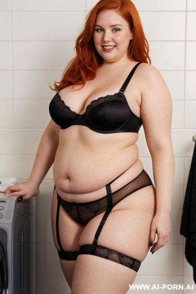Half half-length photo, as a setting in the laundry area, a ((obese)) fat chubby fat thick and bbw redhead british, she is washing clothes and is soaked in foamy water. she has lovehandless - ai-porn.ai - Britain on pornintellect.com