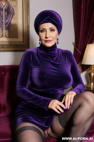 Busty old milf velvet purple hijab show tits in velvet blue turtleneck shirt and velvet split skirt - ai-porn.ai on pornintellect.com