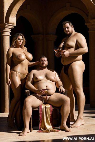 Massive fat man on a throne, with 2 beautiful women standing. topless. thong. in a desert palace. feeding him dates. fan with palm leaves. drinking wine. grabbing breasts. realistic. gold and els. - ai-porn.ai on pornintellect.com
