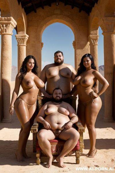 Massive fat man on a throne, with 2 beautiful women standing. topless. thong. in a desert castle. feeding him dates. fan with palm leaves. drinking wine. grabbing breasts. - ai-porn.ai on pornintellect.com