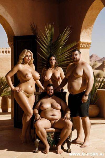 Massive fat man on a throne, with 2 beautiful women standing. topless. thong. in a desert palace. feeding him dates. fan with palm leaves. drinking wine. grabbing breasts. - ai-porn.ai on pornintellect.com