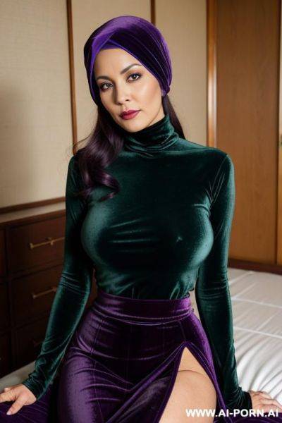 Busty old milf velvet purple hijab show tits in velvet green halter turtleneck shirt and velvet red split skirt - ai-porn.ai on pornintellect.com