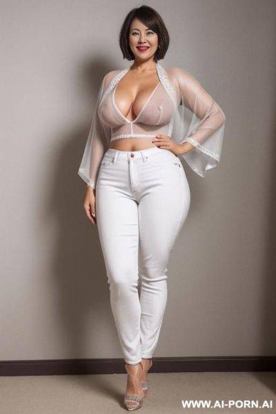 (full body view) (mature woman) (short silver hair) (thick chubby body) (tight jeans) (white high heels) (white mesh blouse) - ai-porn.ai on pornintellect.com
