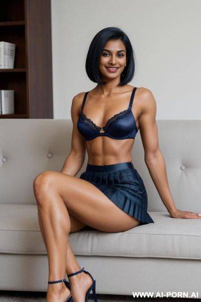 Indian, short hair, fit, abs, muscular arms, big ass, tall, long legs, navel piercing, navy blue satin bra, navy blue pleat skirt, looking at camera, full body, stiletto, couch, lying cross-legged - ai-porn.ai - India on pornintellect.com