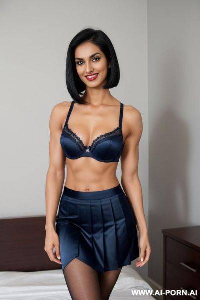 Indian, short hair, fit, abs,, muscular arms, big ass, tall, long legs, navel piercing, navy blue satin bra, navy blue pleat skirt, looking at camera, full body, stiletto, in bedroom - ai-porn.ai - India on pornintellect.com