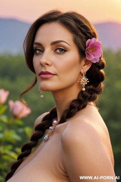 Mature, milf, perfect hourglass figure, eye contact, looking into camera, necklace, earrings, bracelets, wearing flowers, totally naked - ai-porn.ai on pornintellect.com