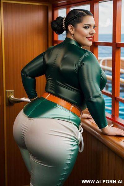 Indian, short hair, fit, abs, muscular arms, big ass, tall, long legs, navel piercing, orange satin bra, orange pleat skirt, looking at camera, full body, stiletto, in cabin, bending down, side view - ai-porn.ai - India on pornintellect.com