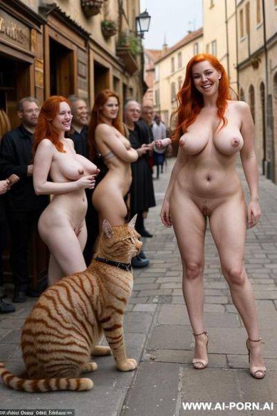 In a european medieval city, a stunning naked 4-year-old woman with exceptionally large breasts, proudly displaying her curves, smiles joyfully as she pets a ginger cat in the street, as onlookers gaze in excitation one man is masturbating - ai-porn.ai on pornintellect.com