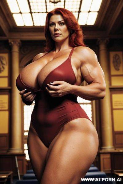 Massive boobs and huge muscles, naked with big ass, red hair in gy style, ((hairy pussy)), stronger shoulders, wide hips, strong body, very strong arms, very beefy body, (((dressed like a political woman))), very dominant look (((in the town hall))) - ai-porn.ai on pornintellect.com