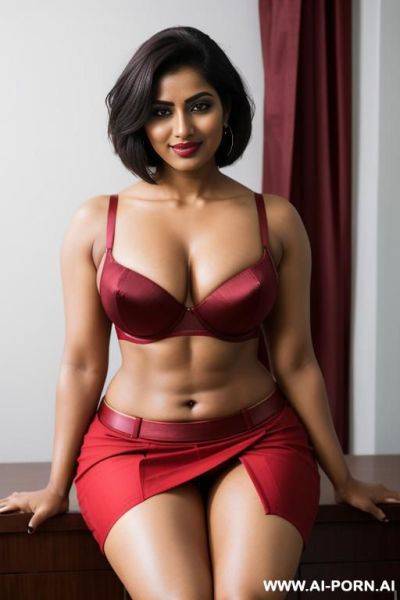 Indian, short hair, fit, abs, muscular arms, big ass, tall, long legs, navel piercing, deep red bra, deep red pleat skirt, double slit skirt, looking at camera, full body, stiletto, in room, sitting - ai-porn.ai - India on pornintellect.com