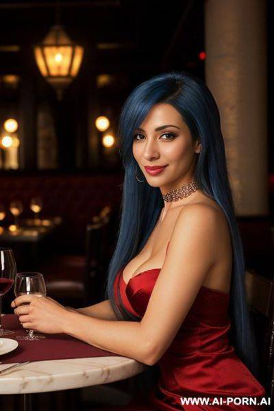 Sexy woman, with long blue hair, wearing a red silk dress, and a diamond choker. - ai-porn.ai on pornintellect.com