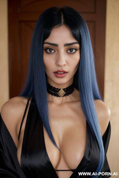 Sexy woman, with long blue hair, wearing a black silk bathrobe, red panties, and a diamond choker. - ai-porn.ai on pornintellect.com