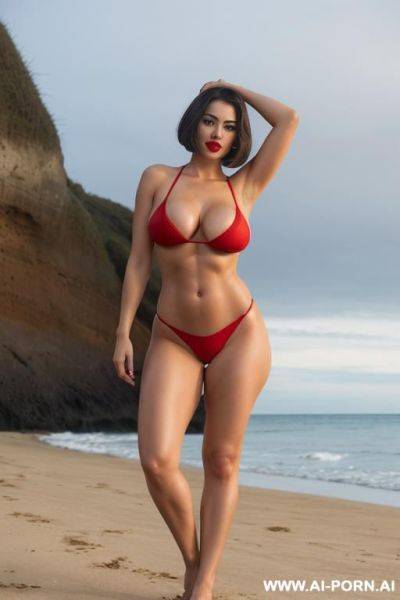 Tall chilean hotwife, brunette bobcut hair, brown eyes, gorgeous face, red lipstick, long eyelashes, dark eyeshws, massive boobs, waist, abs, huge ass, thick legs, wide hips, beach, seductive, full - ai-porn.ai - Chile on pornintellect.com