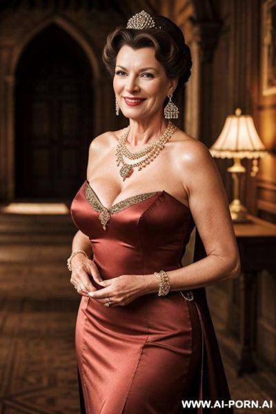Beautiful woman in her forties, inside old castle, dressed sexy as an old-fashioned queen, standing at the hall, smiling seductively, realistic face and skin, old fashion earring and necklace - ai-porn.ai on pornintellect.com