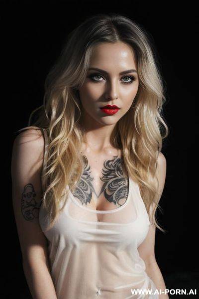 (long wavy hair) (blonde hair) (makeup) (smokey eyes) (red lips) (ideal facial ratios) (loose fitting white tank top) (see-through top) (athletic body) (large tattoo) (natural boobs) (erotic) (aroused) - ai-porn.ai on pornintellect.com