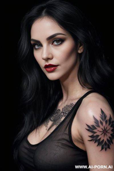(long wavy hair) (black hair) (makeup) (smokey eyes) (red lips) (ideal facial ratios) (loose fitting white tank top) (see-through top) (athletic body) (large tattoo) (natural boobs) (erotic) (aroused) - ai-porn.ai on pornintellect.com