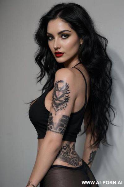 (long wavy hair) (black hair) (makeup) (smokey eyes) (red lips) (ideal facial ratios) (loose fitting white tank top) (showing side boob) (see-through top) (athletic body) (large tattoo) (natural - ai-porn.ai on pornintellect.com