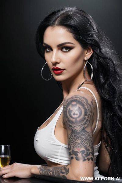 (long wavy hair) (black hair) (makeup) (smokey eyes) (red lips) (ideal facial ratios) (loose fitting white tank top) (showing side boob) (see-through top) (silver earrings) (athletic body) (large - ai-porn.ai on pornintellect.com